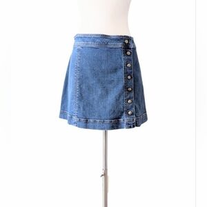 FREE PEOPLE Denim Jean Skirt A-Line Blue Mini Stretch Side Buttons Short Sz 10